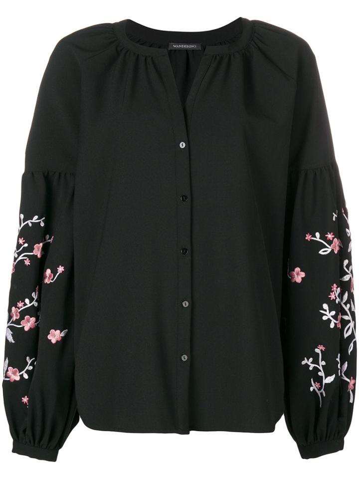 Wandering Floral Sleeve Blouse - Black