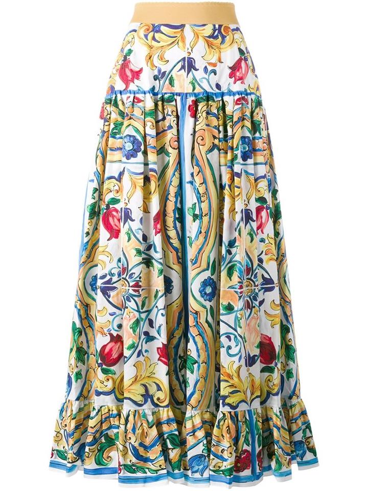 Dolce & Gabbana Majolica Print Long Skirt, Women's, Size: 42, Yellow, Cotton