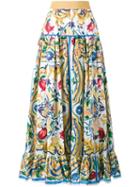 Dolce & Gabbana Majolica Print Long Skirt, Women's, Size: 42, Yellow, Cotton