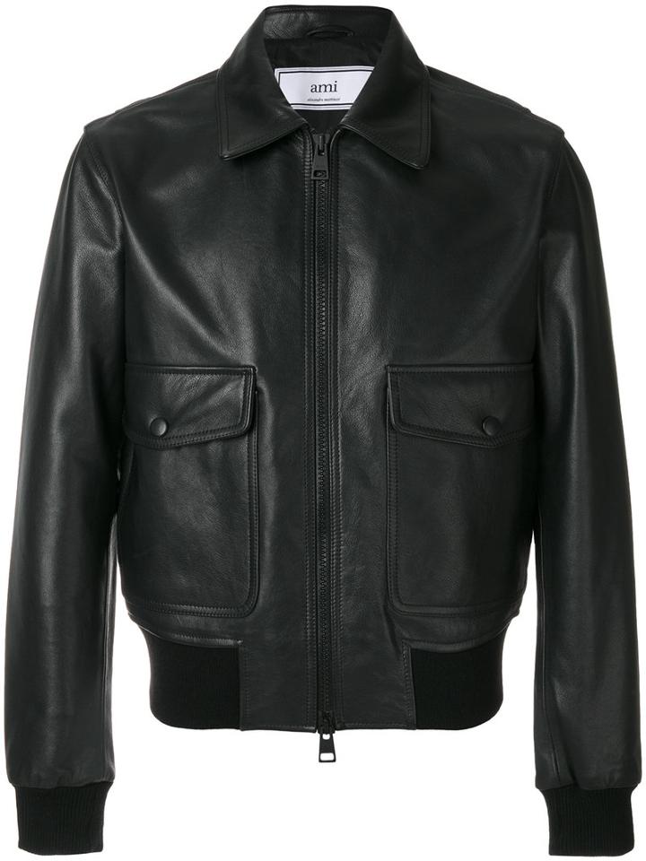 Ami Alexandre Mattiussi - Zipped Leather Jacket - Men - Cotton/leather/acetate - L, Black, Cotton/leather/acetate