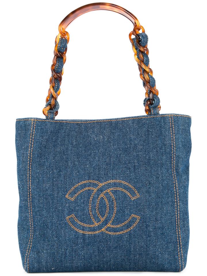 Chanel Vintage Cc Chain Denim Tote Bag - Blue