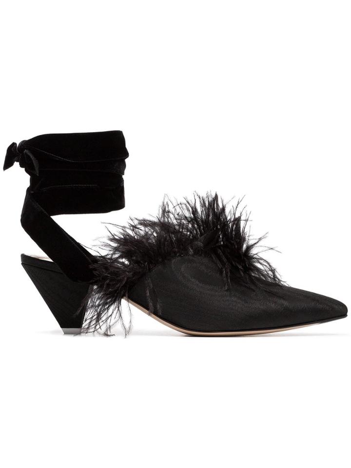 Attico Black Feather Embellished 45 Velvet And Satin Mules
