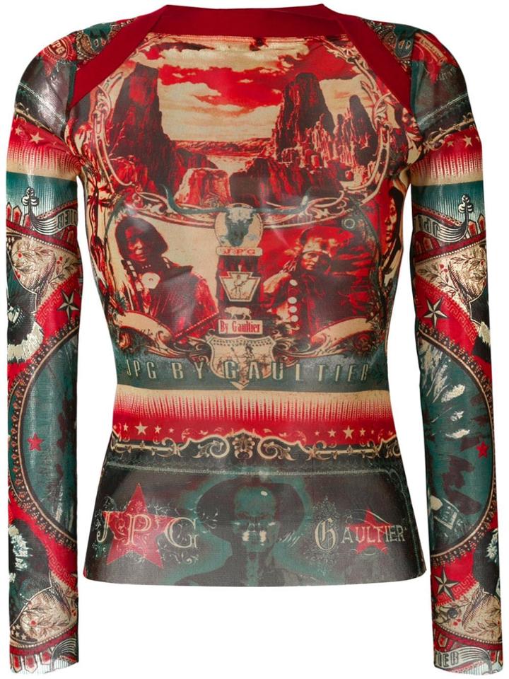 Jean Paul Gaultier Vintage Long Sleeve Printed Sheer Top - Red
