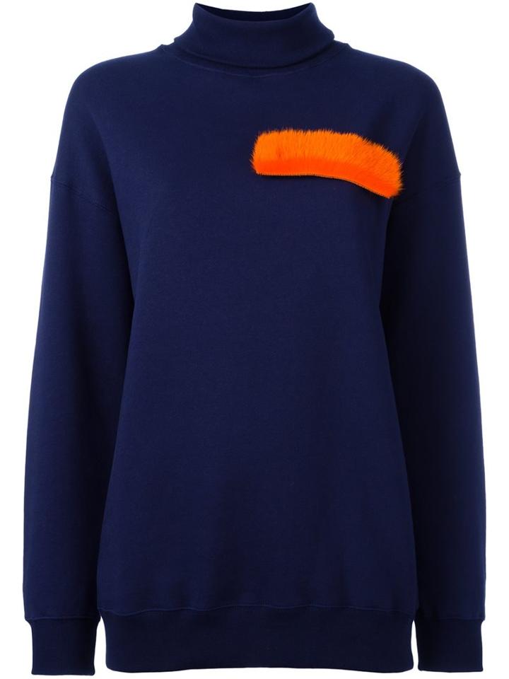 Msgm Fur Applique Sweatshirt, Women's, Size: Xl, Blue, Cotton/mink Fur
