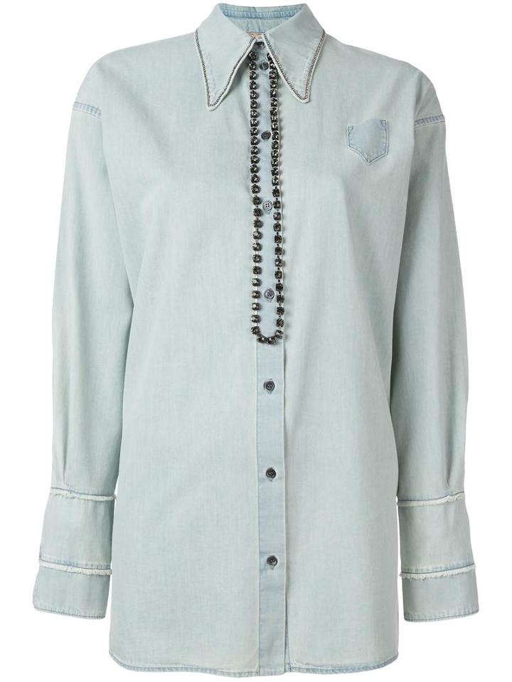 No21 Embellished Denim Shirt, Women's, Size: 42, Blue, Cotton/glass/metallic Fibre