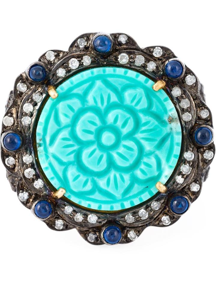 Gemco Turquoise And Diamond Flower Cocktail Ring, Women's, Size: 54, Metallic, Silver