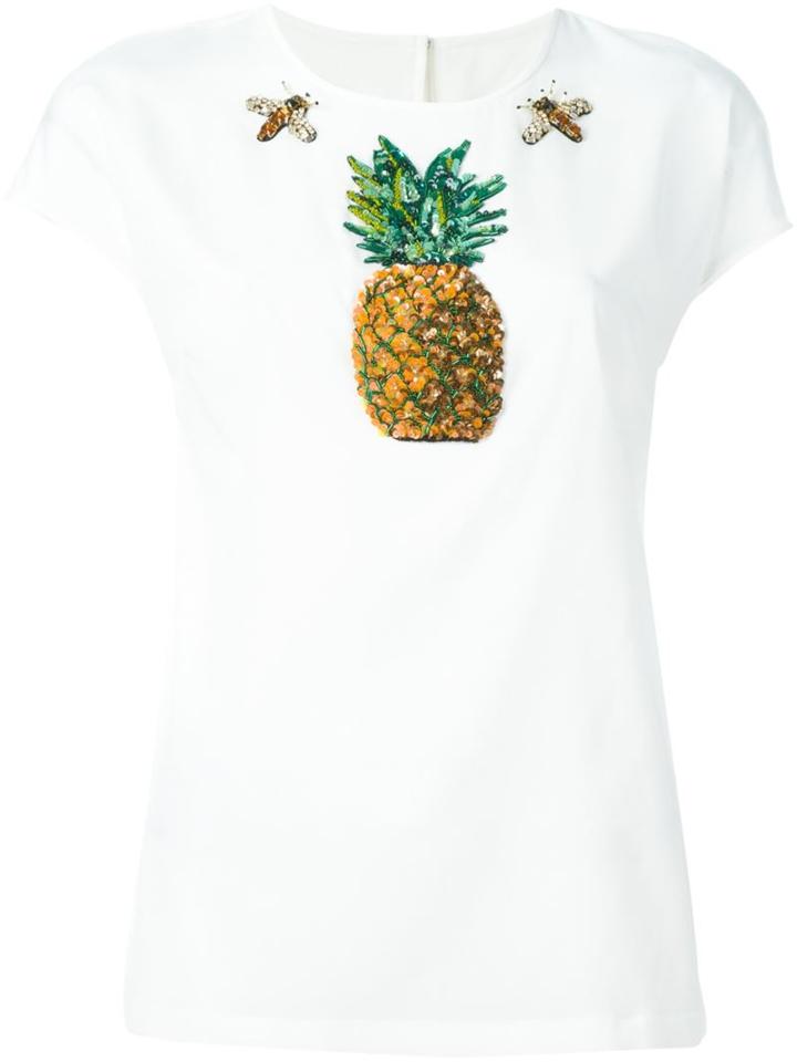 Dolce & Gabbana Embellished Shortsleeved Top, Women's, Size: 42, White, Silk/spandex/elastane/polyester/brass