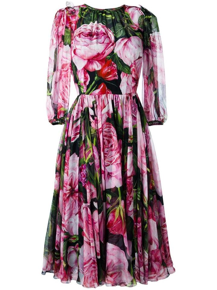 Dolce & Gabbana Rose Print Chiffon Dress, Women's, Size: 44, Black, Silk/cotton/spandex/elastane