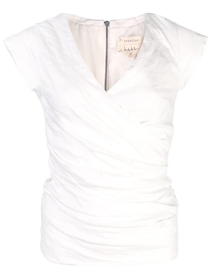 Nicole Miller Ruched V-neck Blouse - White
