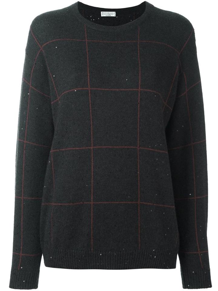 Brunello Cucinelli Grid Check Jumper, Women's, Size: Medium, Grey, Silk/polyamide/cashmere