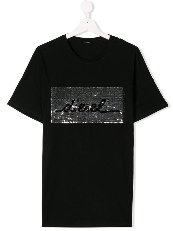 Diesel Kids Teen Sequin Logo T-shirt - Black