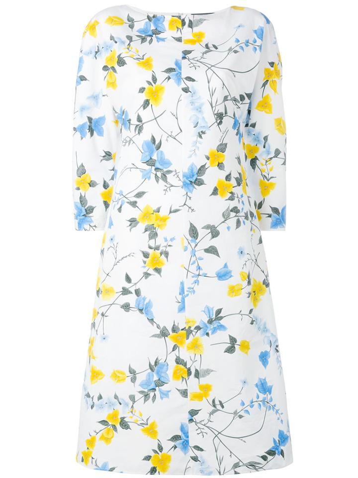Salvatore Ferragamo Floral Print Shift Dress, Women's, Size: 40, White, Cotton/acetate/silk