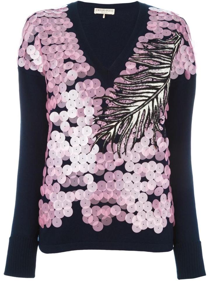 Emilio Pucci Sequin Embellished V-neck Sweater, Women's, Size: Xl, Blue, Silk/cashmere/wool/pvc