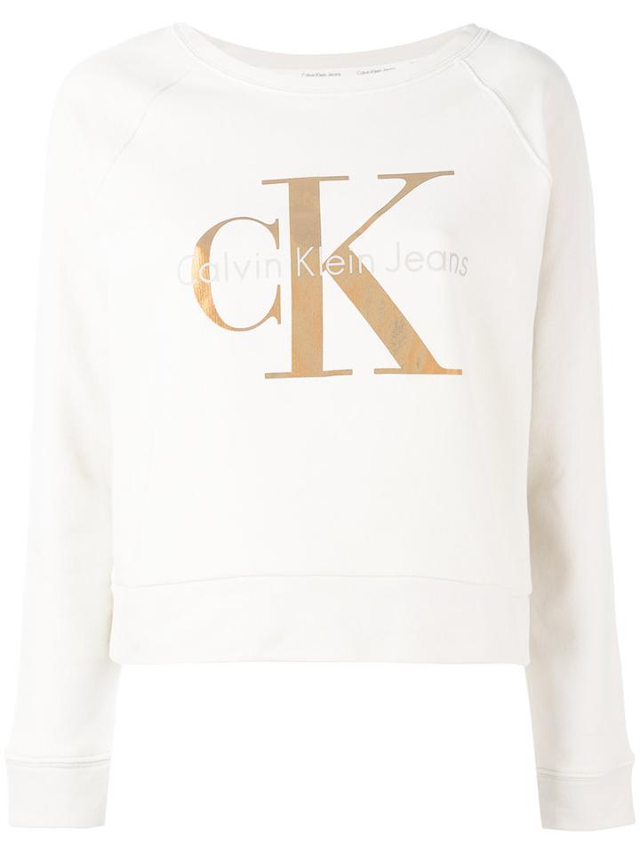 Calvin Klein Jeans Metallic Logo Print Sweatshirt, Women's, Size: Xs, Nude/neutrals, Cotton