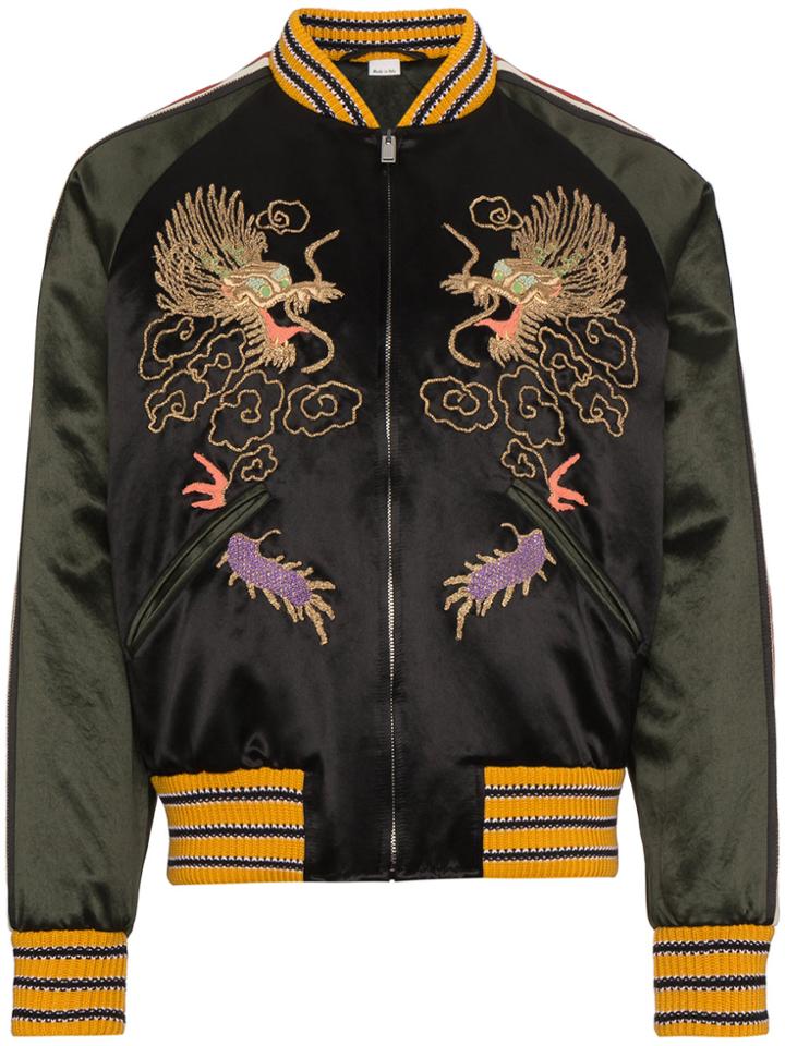Gucci Gg Embroidered Dragon Bomber Jacket - Black
