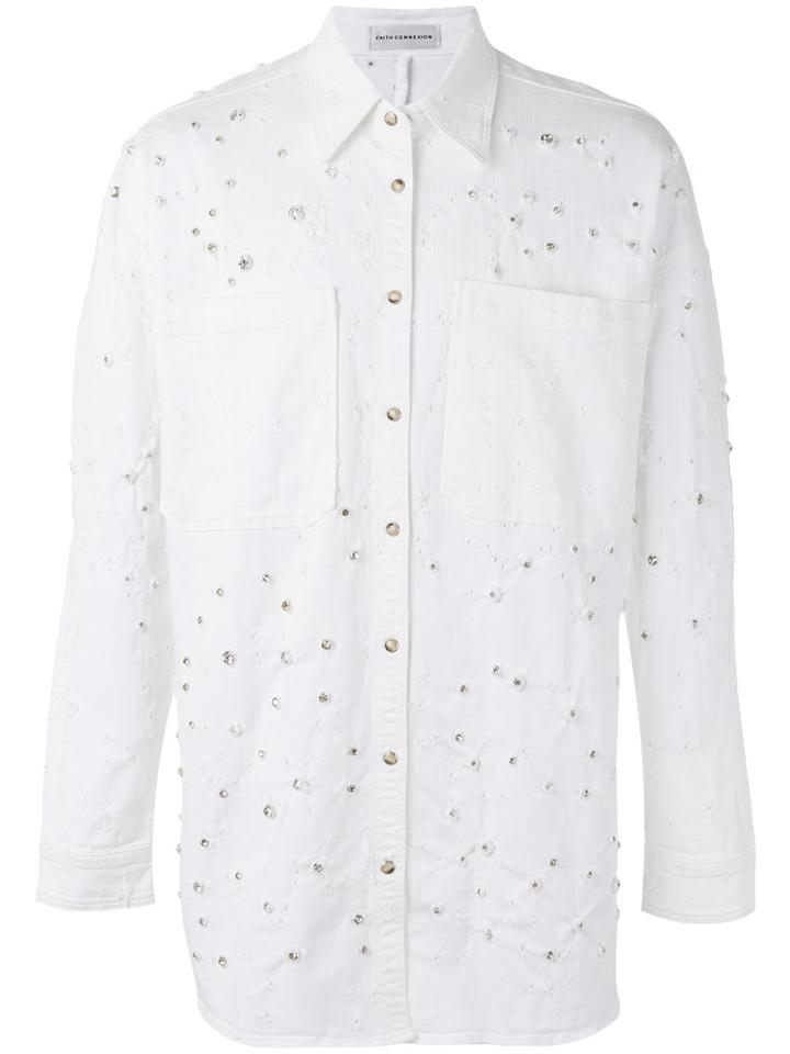 Faith Connexion - Embellished Holey Denim Jacket - Unisex - Cotton/polyester/spandex/elastane/glass - Xs, White, Cotton/polyester/spandex/elastane/glass