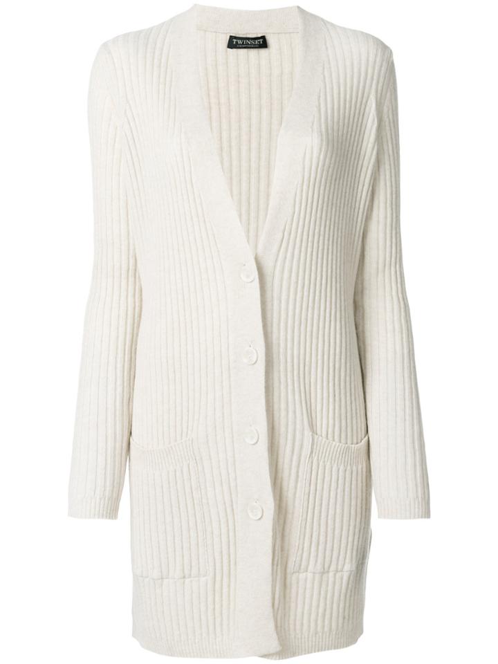 Twin-set V-neck Ribbed Long Cardigan - White