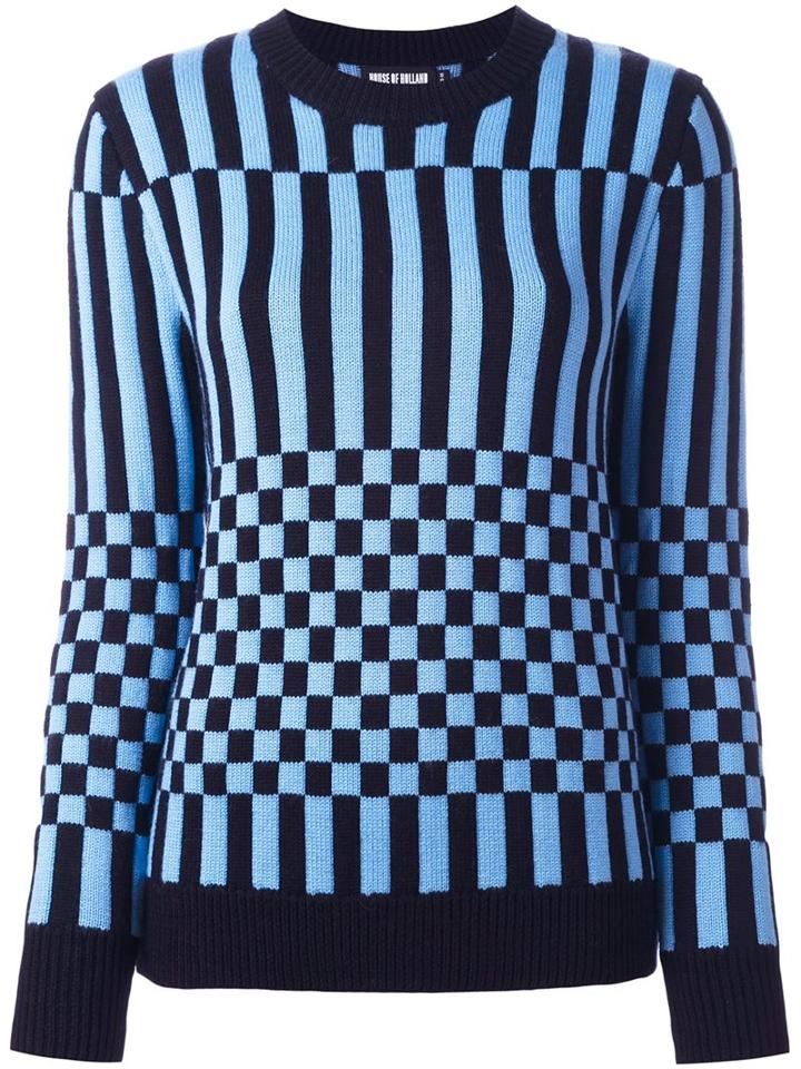 House Of Holland Striped Checked Jumper, Women's, Size: Medium, Blue, Merino
