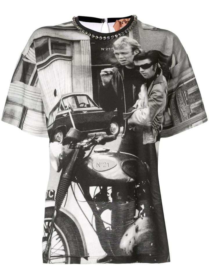 Nº21 Photographic Print Embellished Neckline T-shirt - White