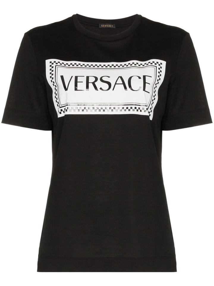 Versace Logo And Check Print Cotton T-shirt - Black
