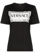 Versace Logo And Check Print Cotton T-shirt - Black