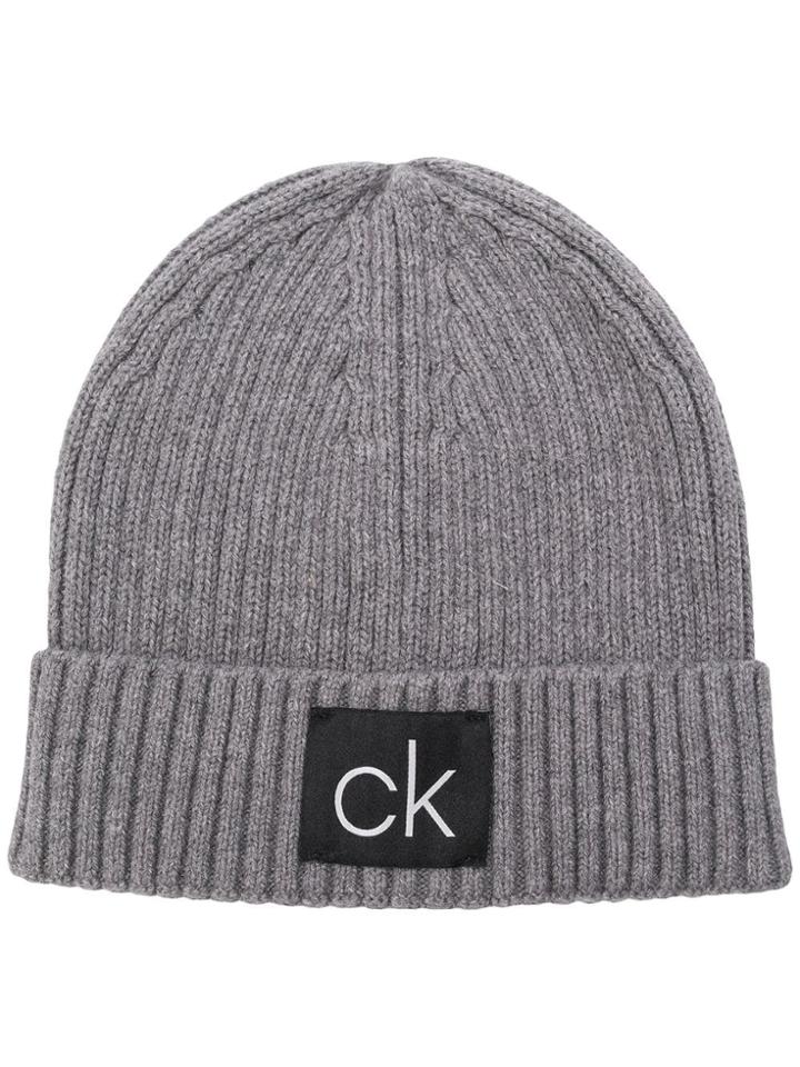 Calvin Klein Ribbed Logo Beanie - Grey