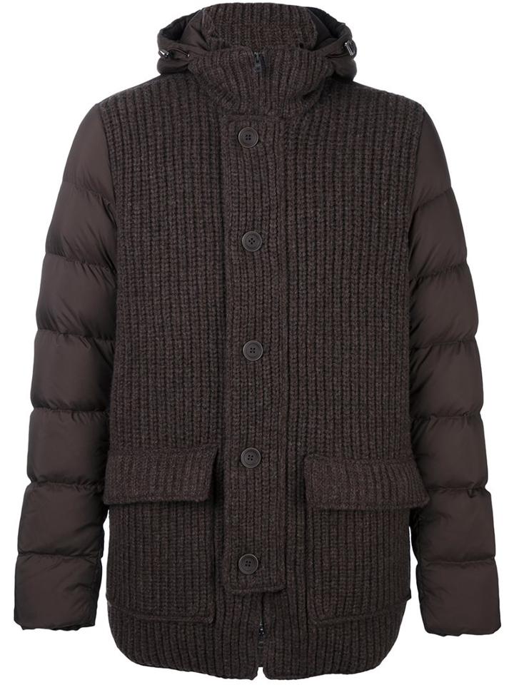 Herno Knitted Panel Padded Coat, Men's, Size: 52, Brown, Feather Down/polyamide/polyurethane/wool