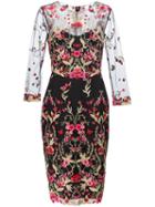Marchesa Notte Embroidered Flower Dress, Women's, Size: 6, Black, Nylon