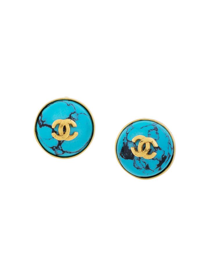 Chanel Vintage Cc Faux Turquoise Stone Earrings - Metallic