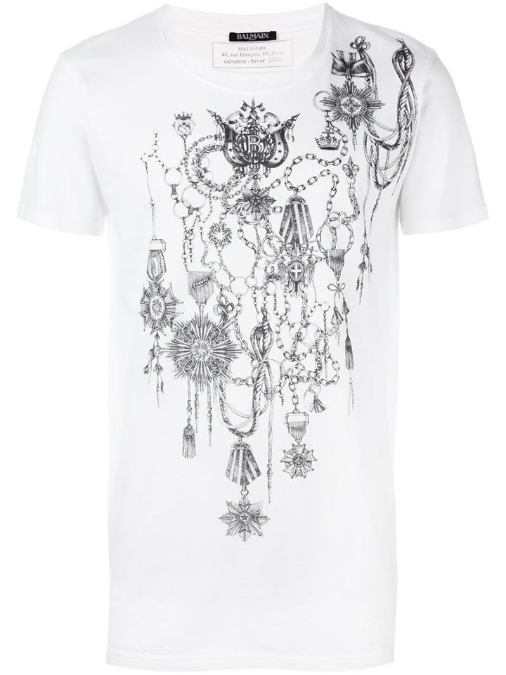 Balmain Medal Print T-shirt, Men's, Size: Medium, White, Cotton
