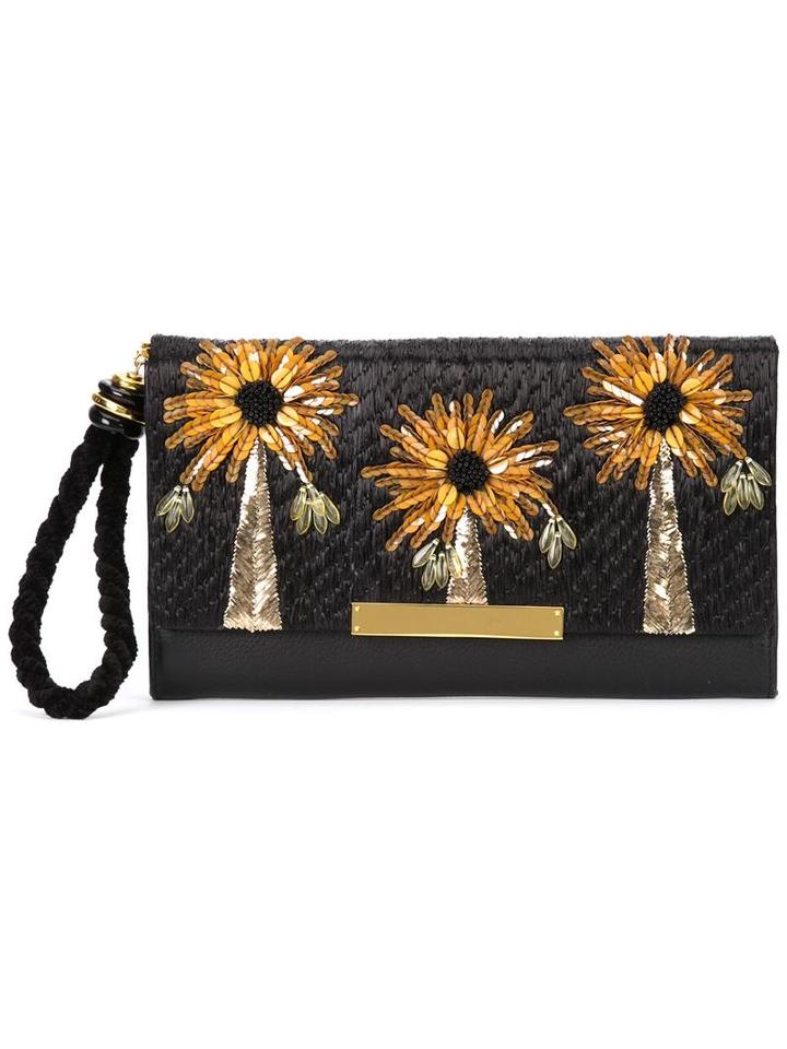 Lizzie Fortunato Jewels Floral Detail Clutch, Women's, Black, Leather/straw/sequin