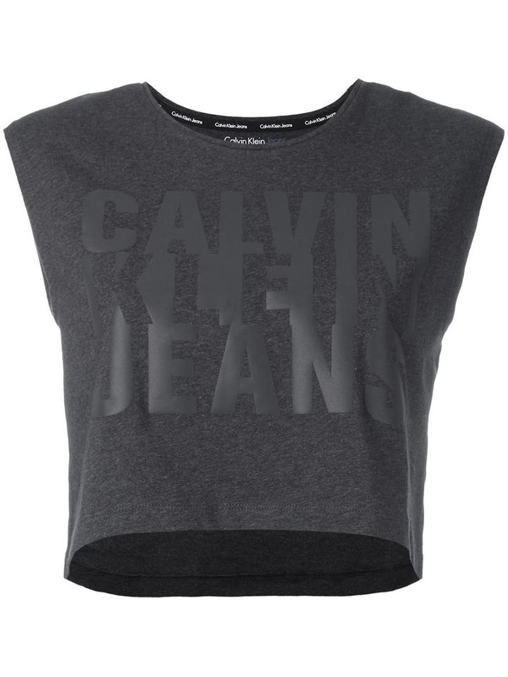 Calvin Klein Jeans Logo Print Cropped Top, Women's, Size: Xs, Grey, Cotton/spandex/elastane
