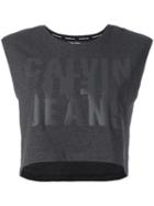 Calvin Klein Jeans Logo Print Cropped Top, Women's, Size: Xs, Grey, Cotton/spandex/elastane