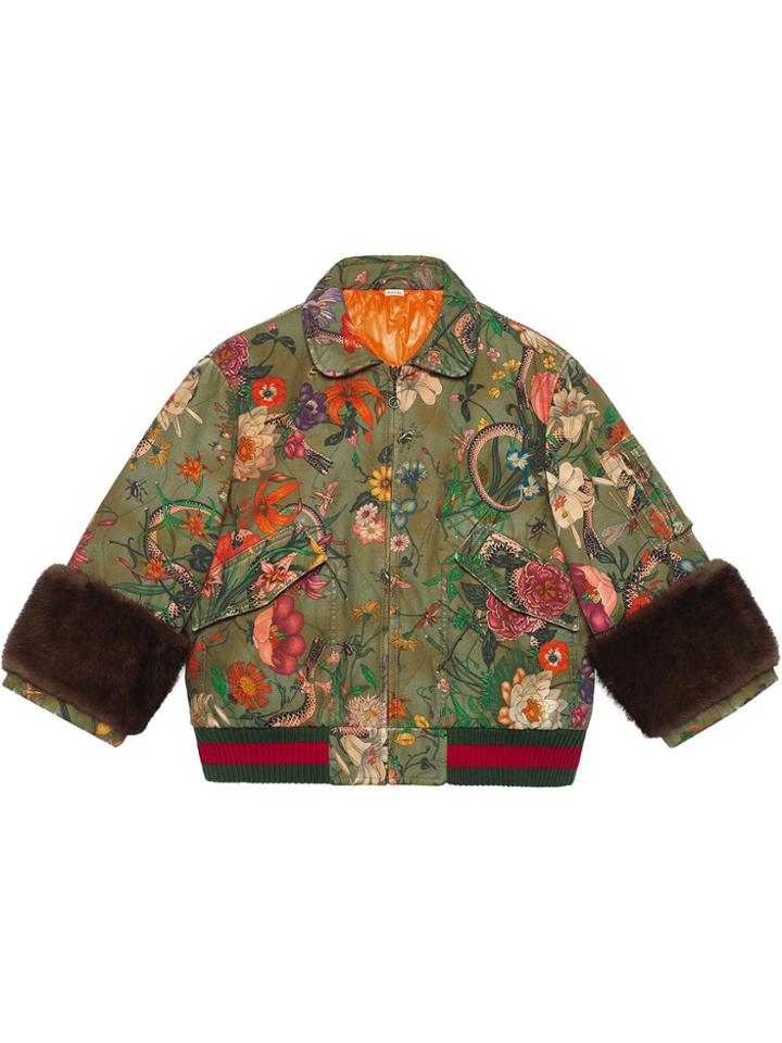 Gucci Flora Snake Vintage Denim Bomber Jacket - Green