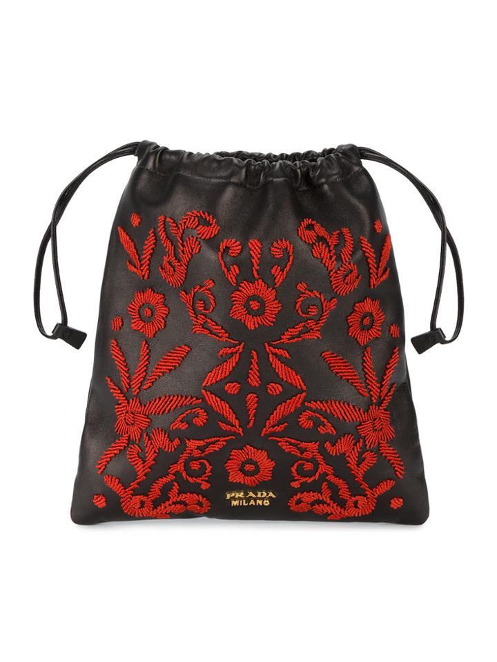 Prada Embroidered Floral Pouch - Black