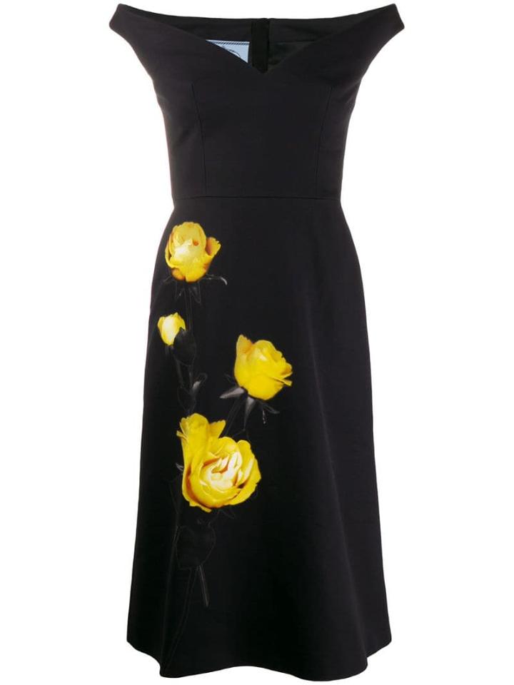 Prada Off-the-shoulder Rose Print Dress - Black