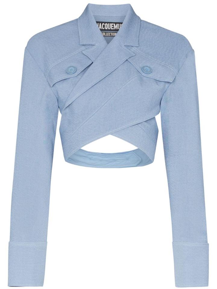 Jacquemus Cross Front Pocketed Cropped Silk Blouse - Blue