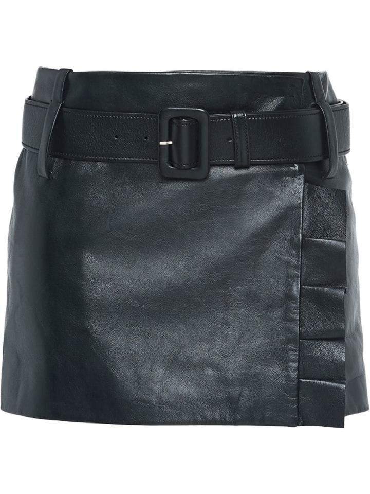 Prada Leather Miniskirt With Belt And Ruffles - Black