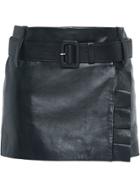 Prada Leather Miniskirt With Belt And Ruffles - Black