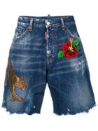 Dsquared2 Embroidered Frayed Denim Shorts - Blue