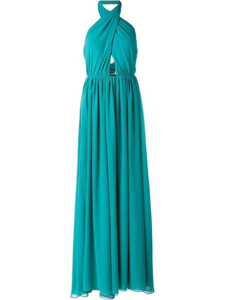 Msgm Pleated Cross Over Halterneck Dress, Women's, Size: 42, Green, Polyester