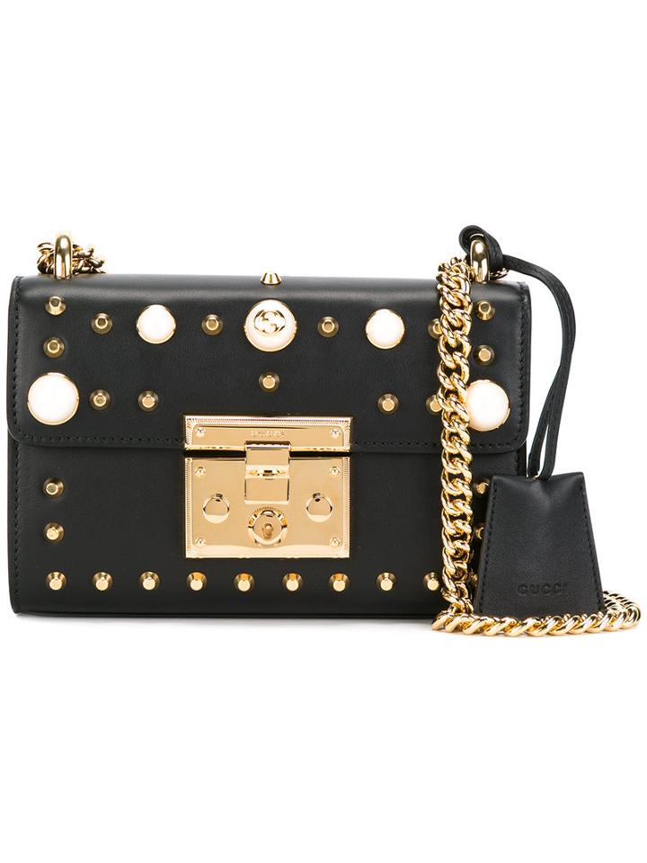 Gucci Padlock Studded Shoulder Bag, Women's, Black, Leather