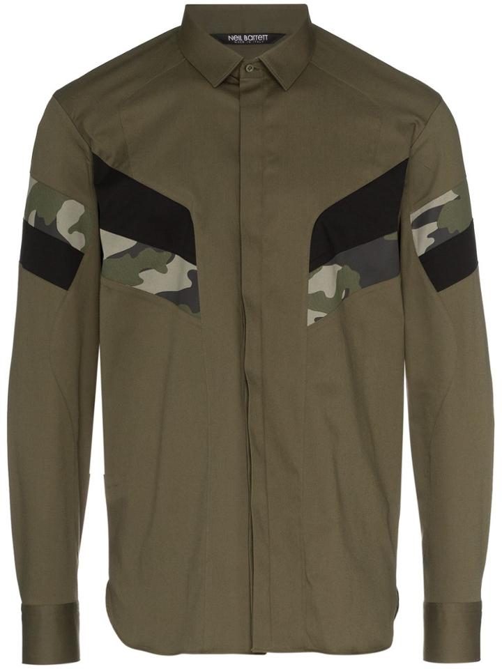Neil Barrett Green Camouflage Panelled Cotton Blend Shirt