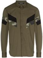 Neil Barrett Green Camouflage Panelled Cotton Blend Shirt