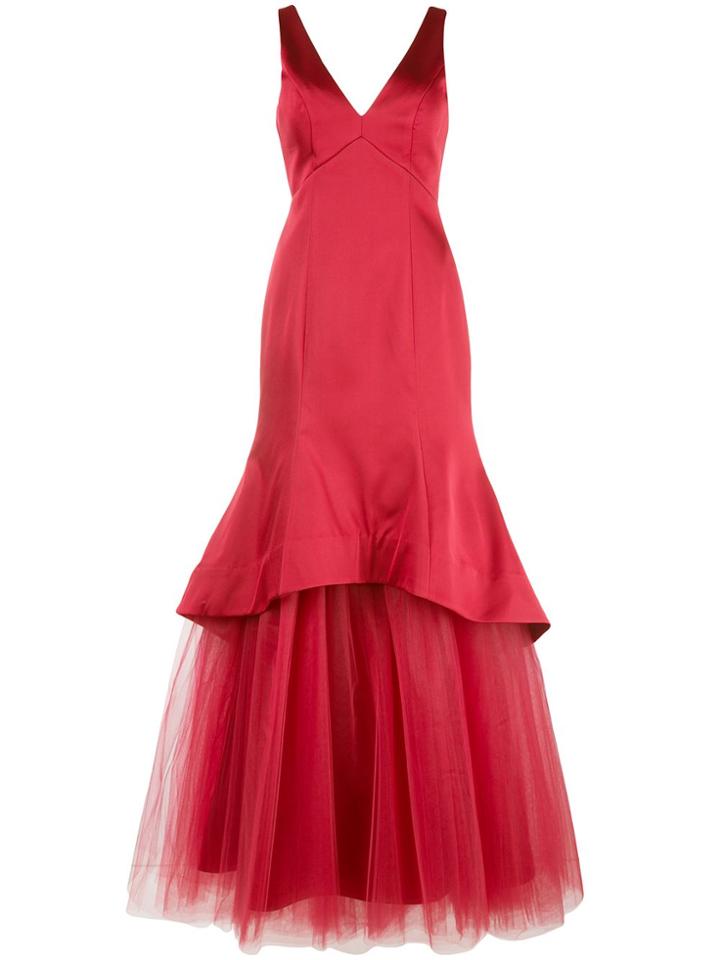 Nha Khanh Fluted Satin And Tulle Evening Gown - Red