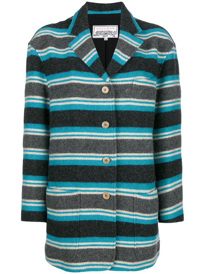 Krizia Vintage Striped Fitted Coat - Blue