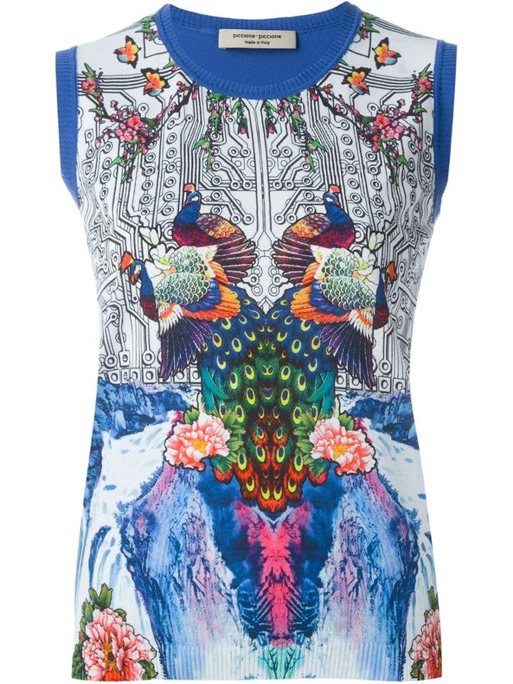 Piccione. Piccione Peacock Print Contrast Trims Knitted Gilet