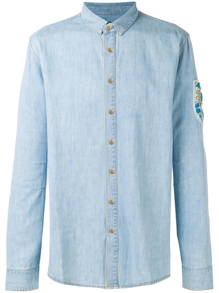 Balmain Stone Encrusted Casual Shirt, Men's, Size: 39, Blue, Cotton/brass/resin/polyester