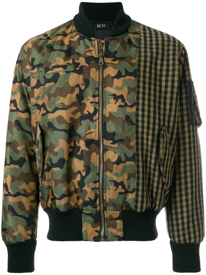 No21 Camouflage And Check Bomber Jacket - Green