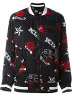 Ktz Tattoo Print Bomber Jacket, Women's, Size: Small, Black, Rayon